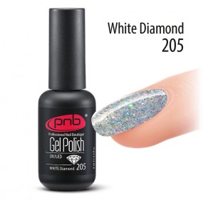 Гель-лак PNB 205 White Diamond (Серебряный с голографическими блестками, полупрозрачный), 8 мл