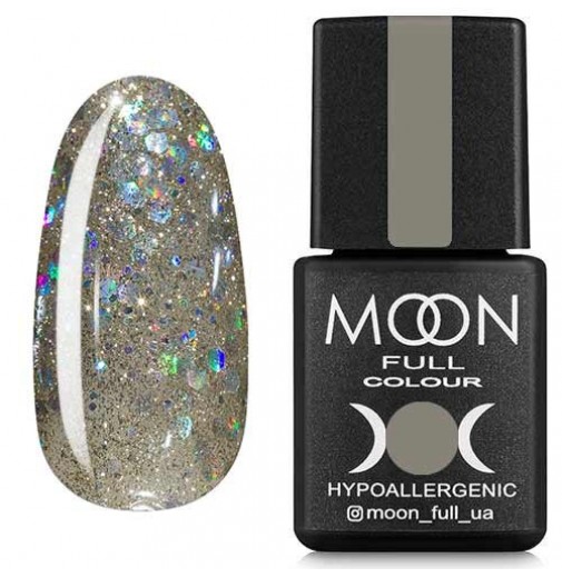 Гель-лак Moon Full №328 сріблясто-золотий з різнокольоровими глітер, 8мл.