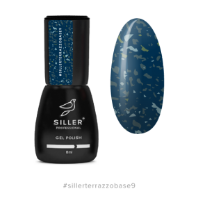 Siller Terrazzo Base №9 - камуфлирующая база для ногтей (бирюзово-синяя с салатовой поталью), 8 мл