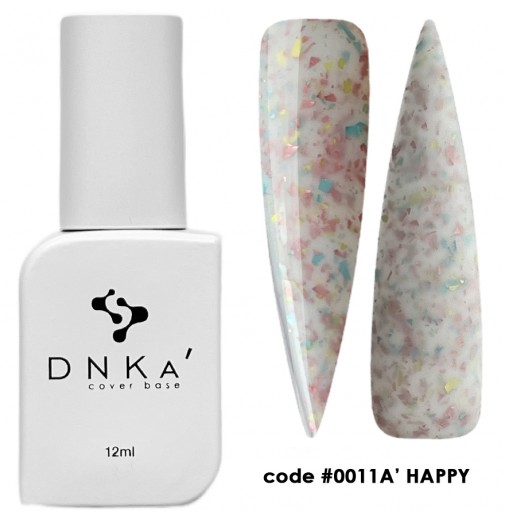 DNK Cover Base №0011a Happy, 12 мл молочный с кусочками  нежно - розовой, голубой и золотой потали