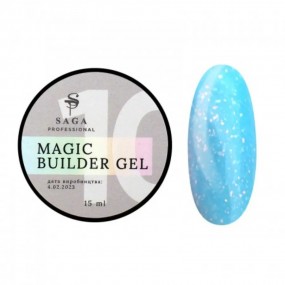 SAGA professional Builder Gel magic 10 (голубой с разноцветной поталью), 15 мл